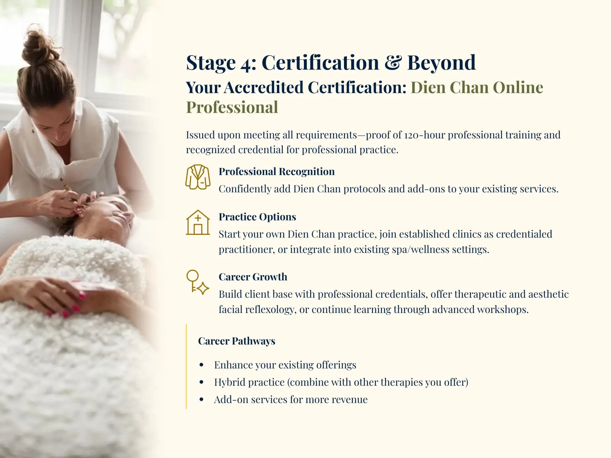 Accredited certification for professional dien chan practitioners, presented with a soft beige background and elegant dark teal typography.