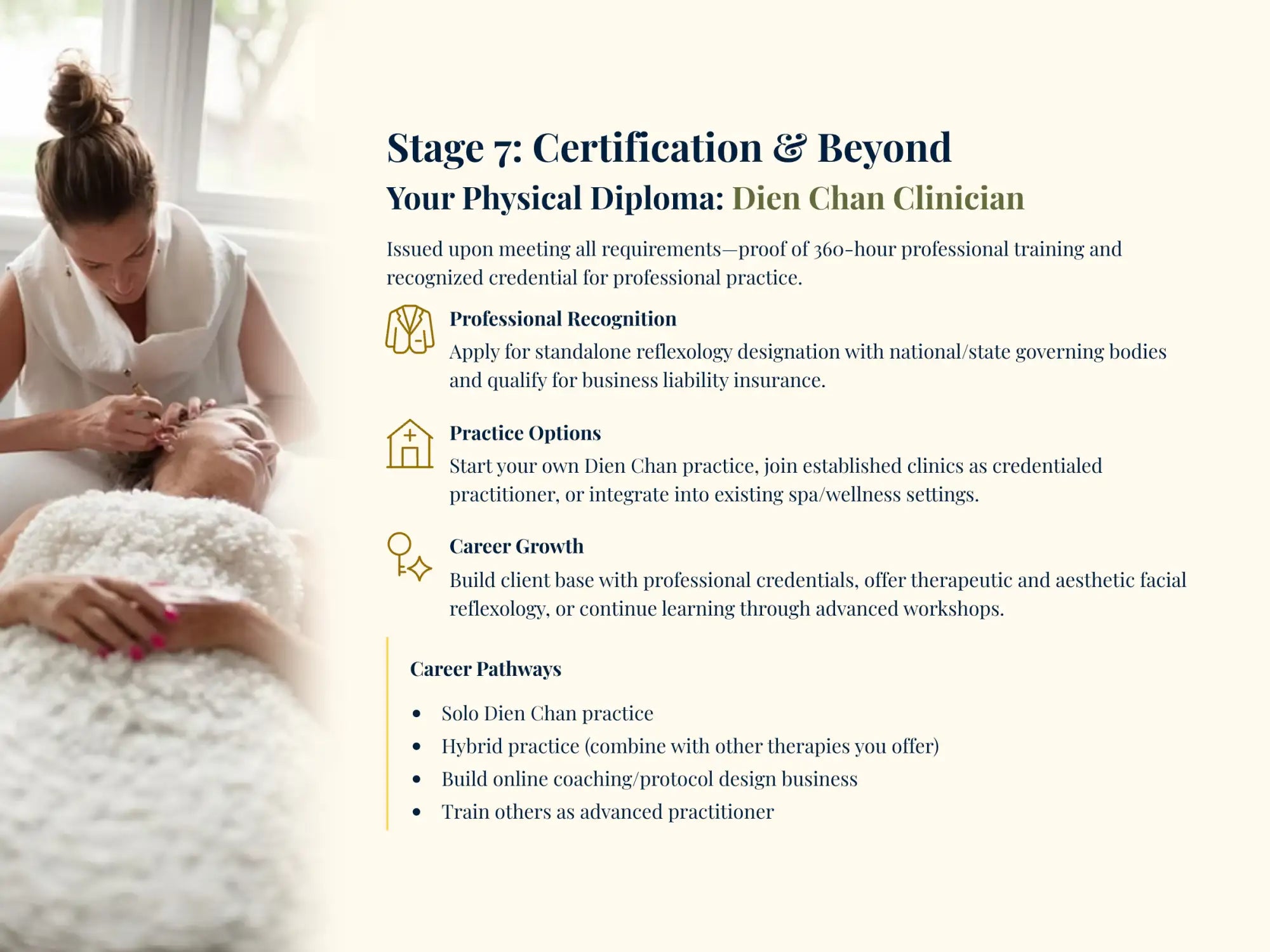 The image displays a promotional flyer for stage 7: certification & beyond in dien chan clinician training, featuring text and an illustration of a reflexology session.