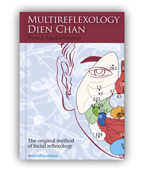 Multireflexology Dien Chan book cover by Patryck Aguilar Cassarà with facial reflexology chart in red, green, blue on white background