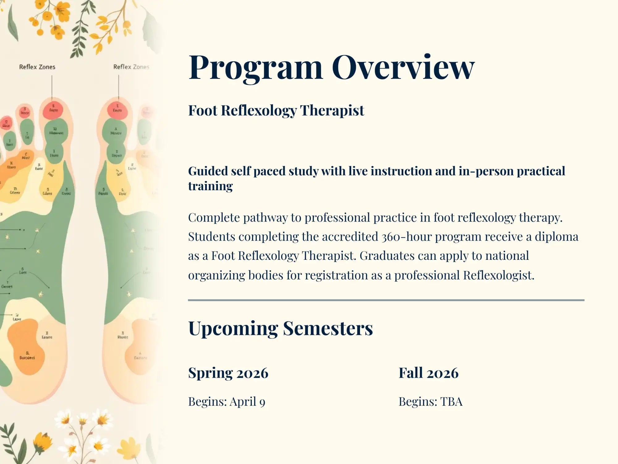 Program overview flyer for a foot reflexology therapist certification program, featuring illustrated foot reflex zones and upcoming semester dates.