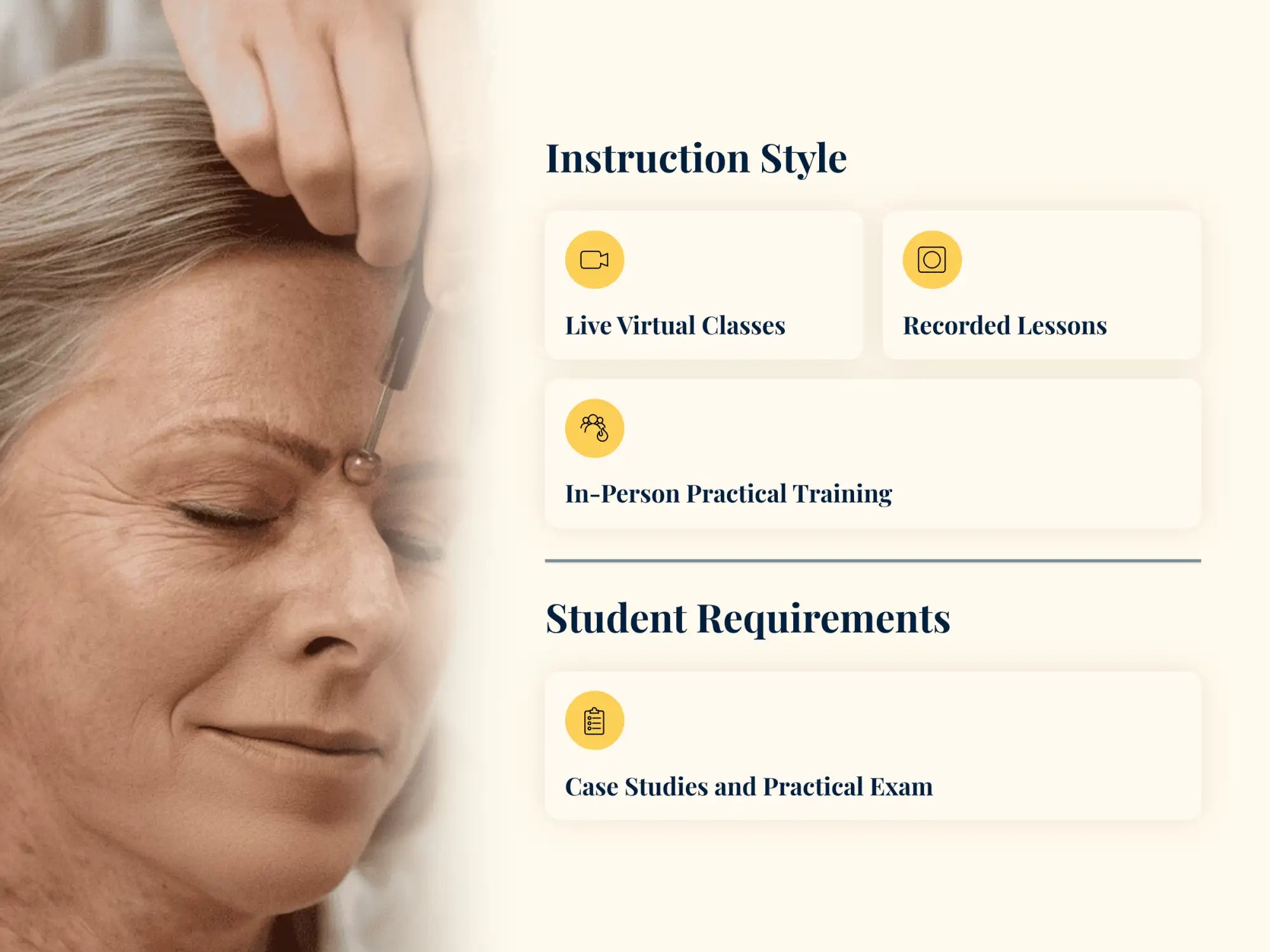 A woman with gray hair receiving a head massage, her eyes closed and face relaxed.