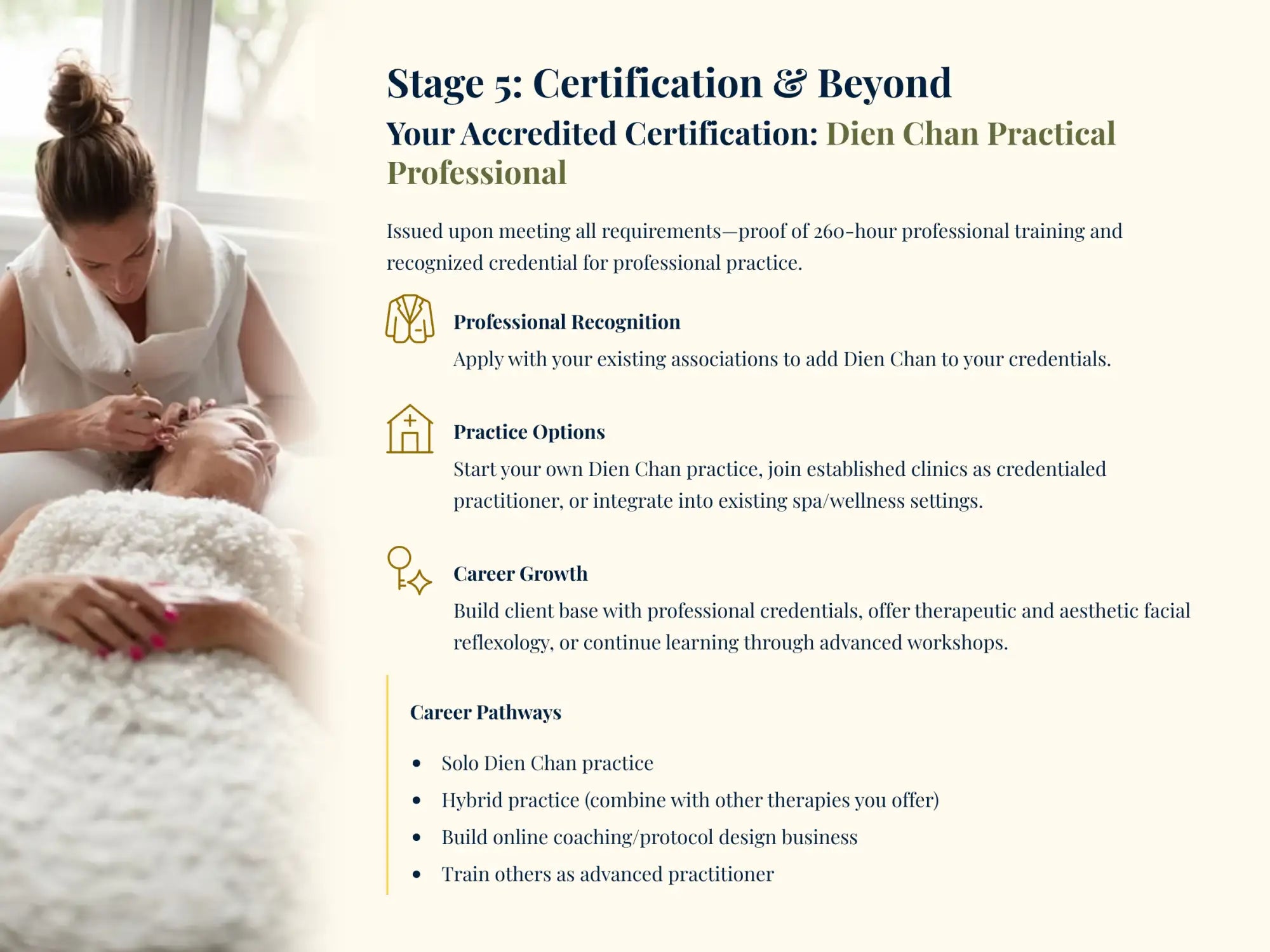 Accredited dien chan practical professional certification document with elegant typography and a soft-toned background featuring an image of a practitioner performing facial reflexology.