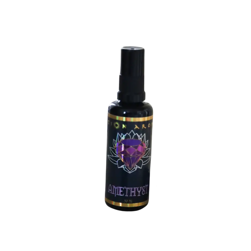 Amethyst Mist essential oil spray with purple lotus design