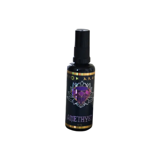Amethyst Mist essential oil spray with purple lotus design