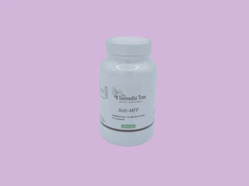 Anti-MFP herbal remedy white bottle with green label and clear cap