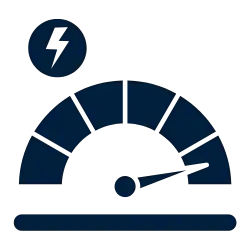 Blue gauge with lightning bolt symbol on black background