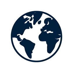 Blue globe logo with continents outlined in a darker shade of blue.