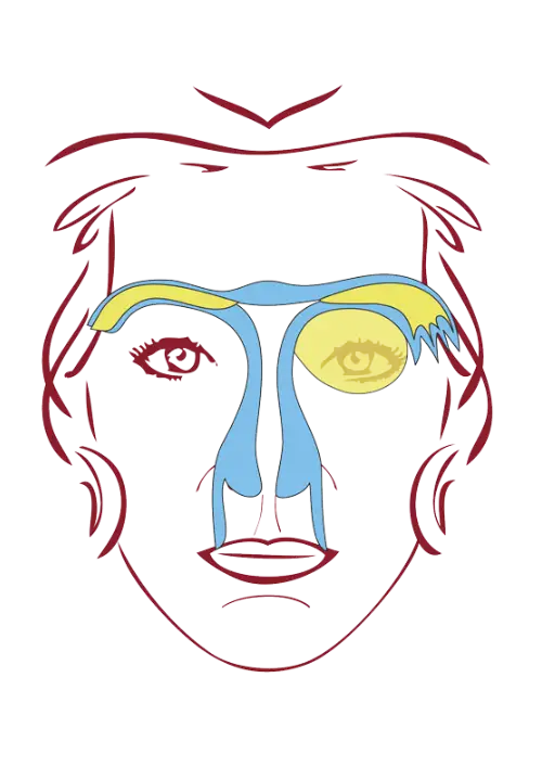 Blue and yellow face mask with red trim