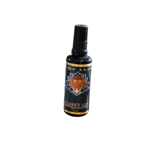 Carnelian Mist essential oil bottle with lotus flower design and black label