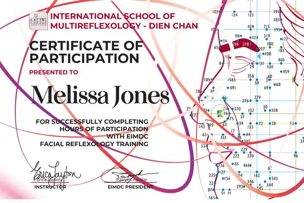 Certificate of participation in facial reflexology training featuring a detailed map design and red accent.
