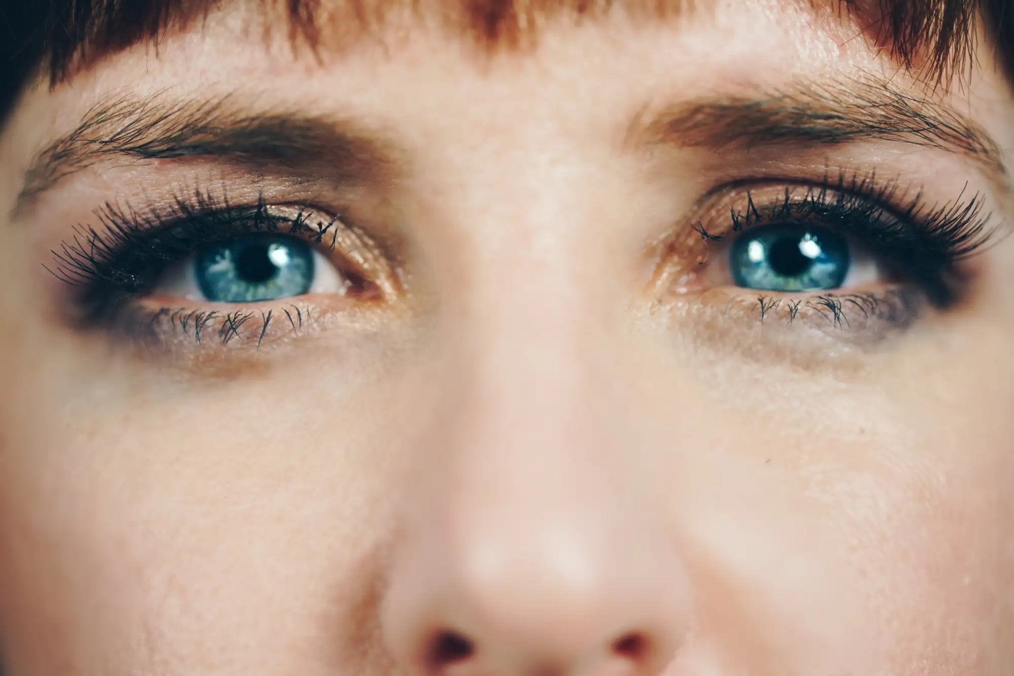 A close-up of a person’s striking blue eyes with long, dark lashes and neatly groomed eyebrows.