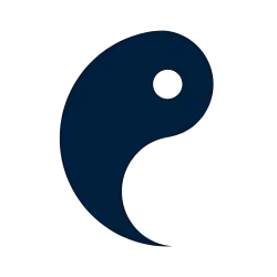 A dark blue yin-yang symbol with a black dot in the center.