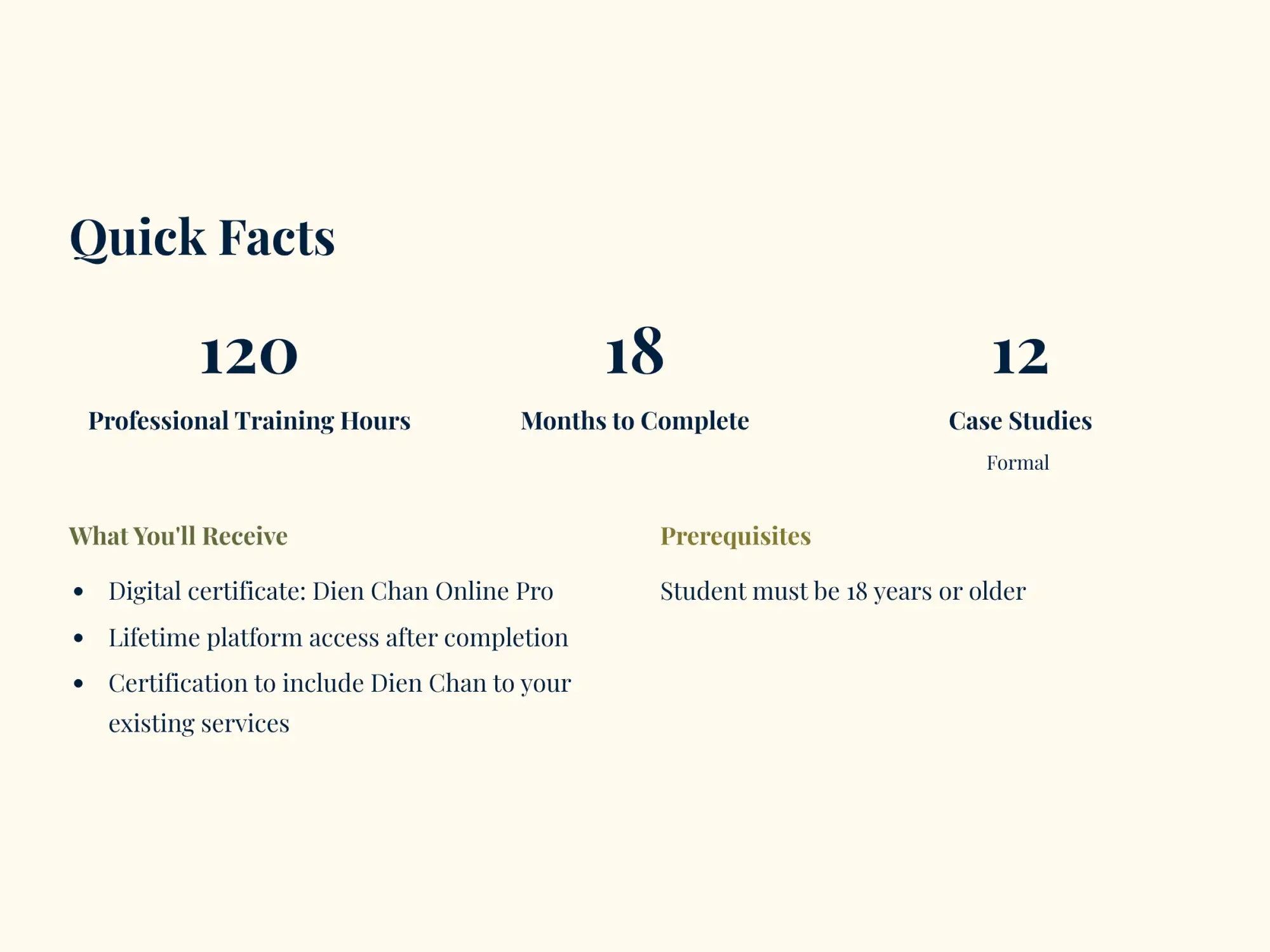 The image displays a minimalist informational graphic with dark navy text on an off-white background, presenting quick facts about the dien chan online pro program.