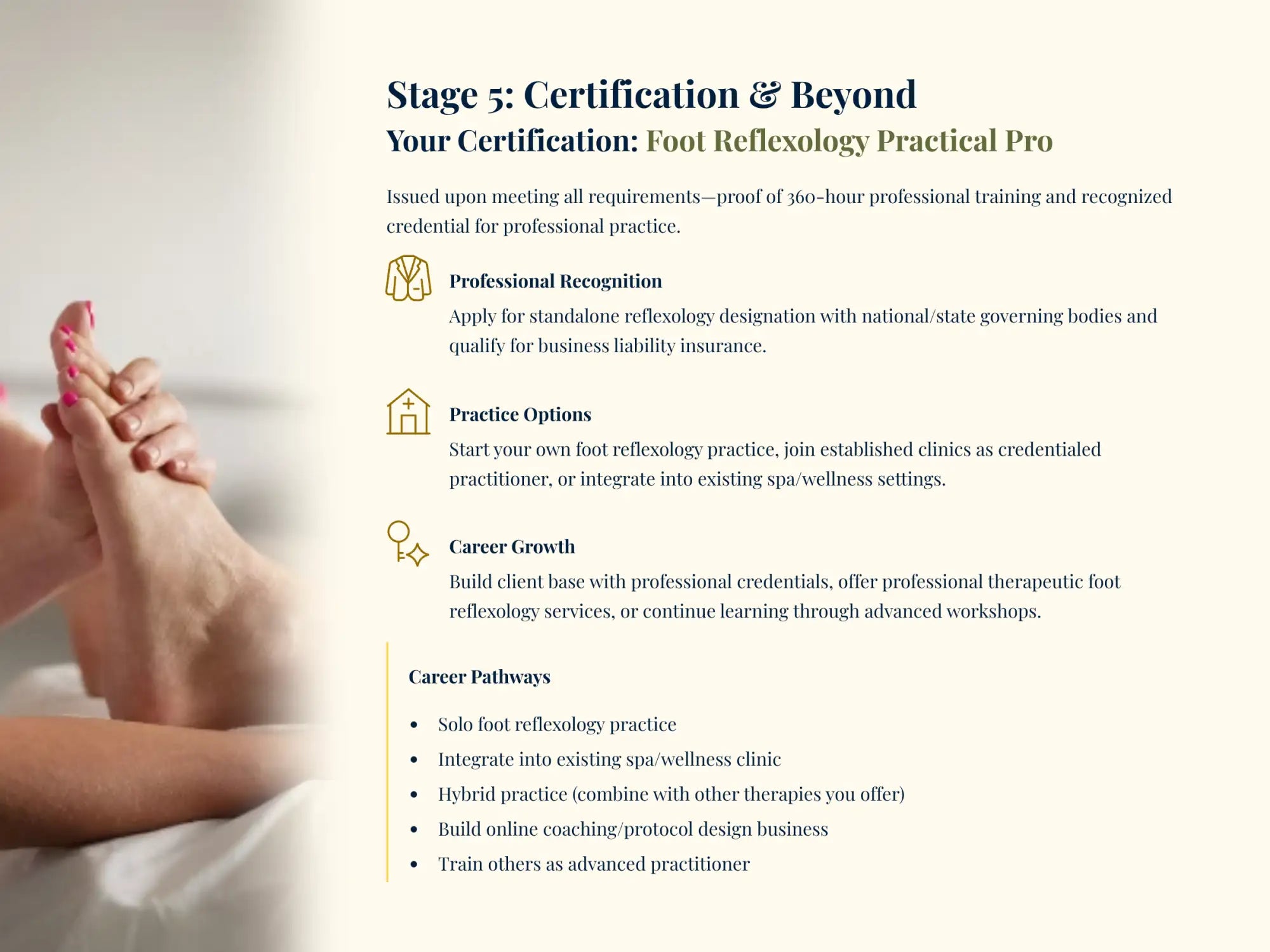 The image displays a professional certification brochure for ’foot reflexology practical pro’ with text detailing career pathways and practice options.