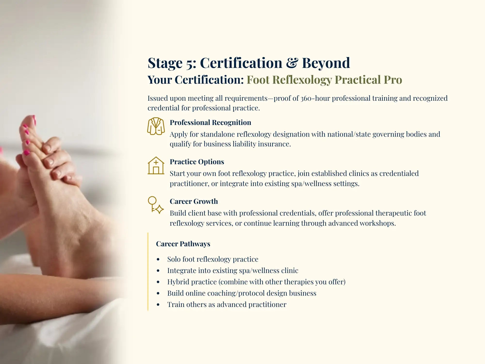 The image displays a promotional slide for ’stage 5: certification & beyond’ in foot reflexology, featuring text about professional recognition and career pathways.