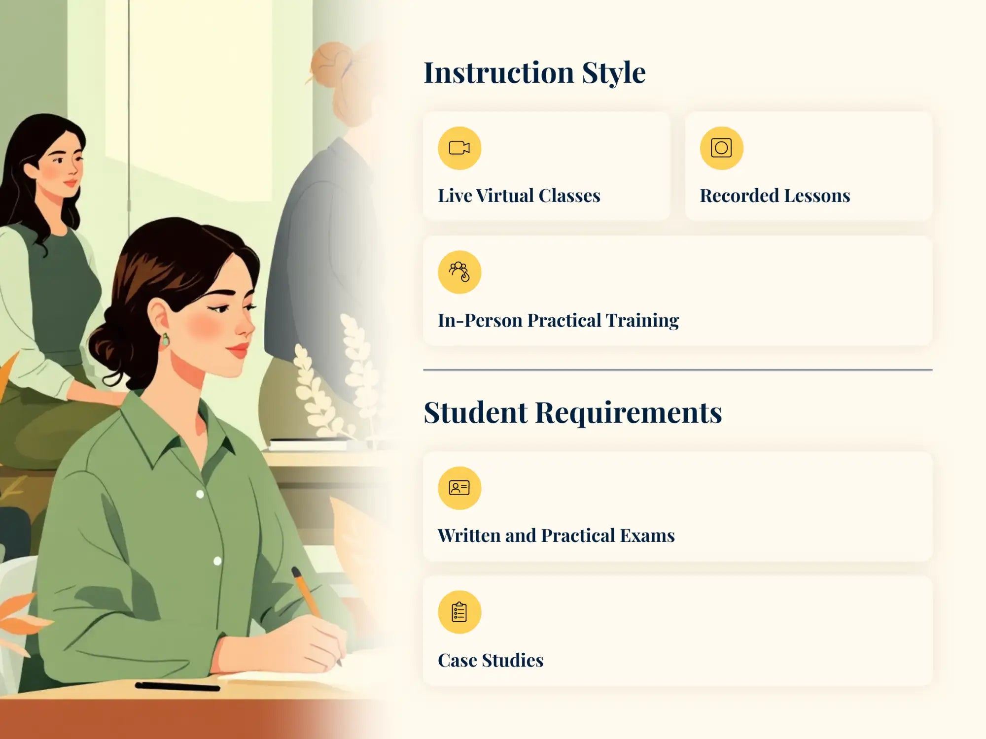 The image displays a soft, illustrated graphic with two women in an educational setting.