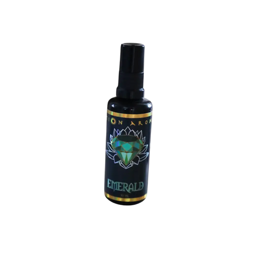 Emerald Mist green spray bottle with black cap and gold accents for aromatherapy