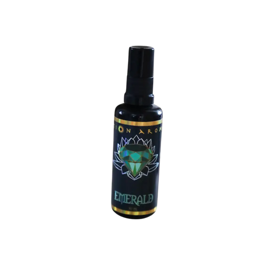 Emerald Mist green spray bottle with black cap and gold accents for aromatherapy