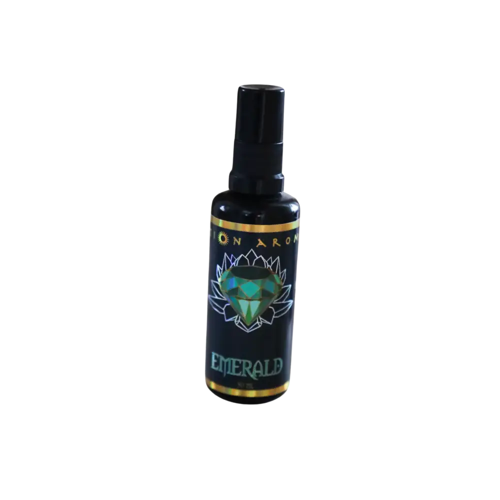 Emerald Mist green spray bottle with black cap and gold accents for aromatherapy