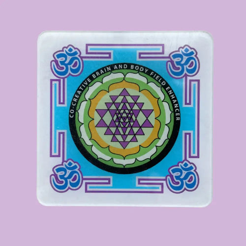 White square Sri Yantra coaster with Om symbols for EMF Reorganizer
