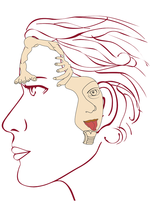 Dien Chan Extremities diagram showing full body map on face with feet at eyebrows, limbs on temples, inspired by Penfield cortical homunculus