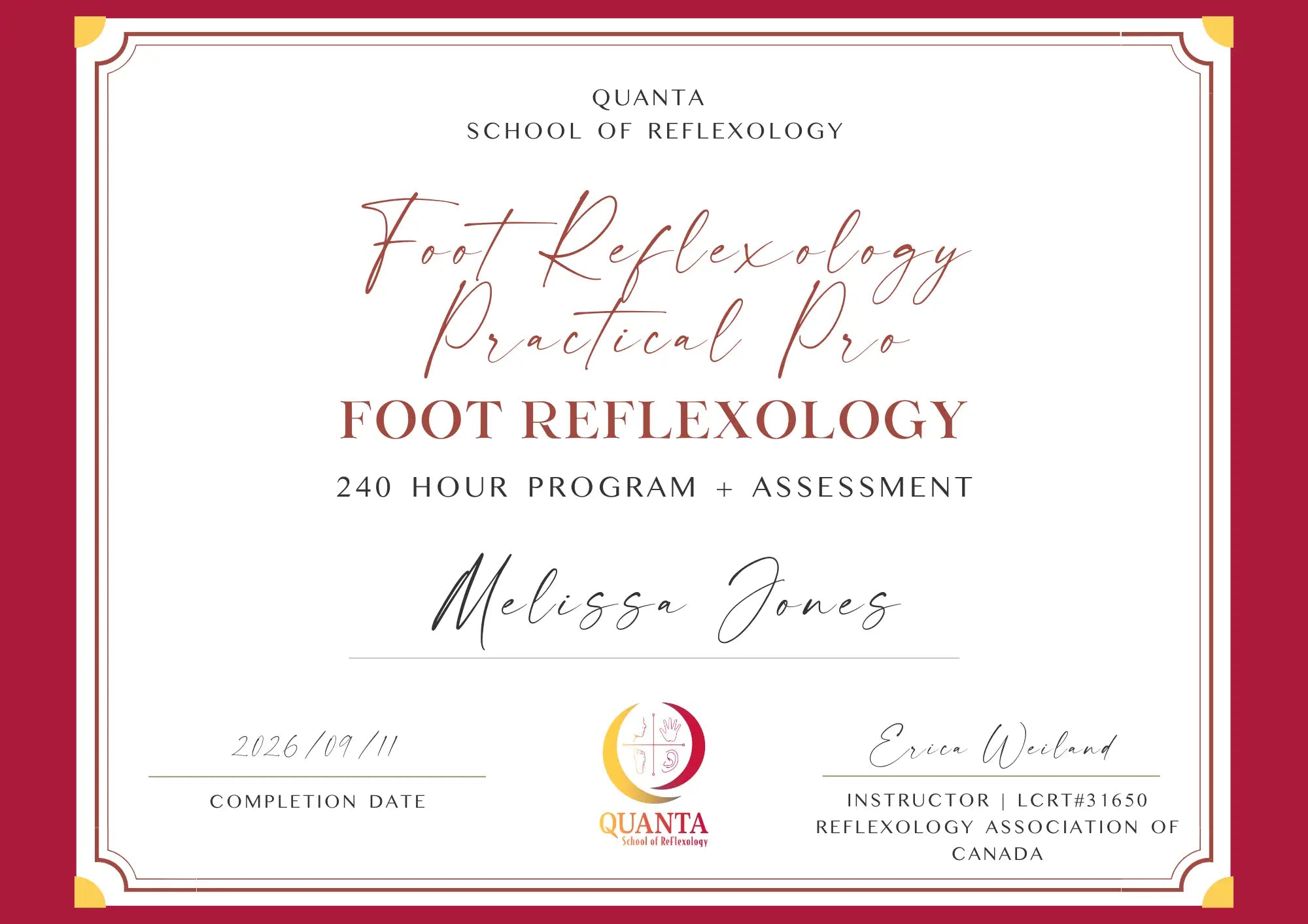 A formal certificate with elegant cursive and serif typography, featuring a maroon border and gold corner accents on white paper.