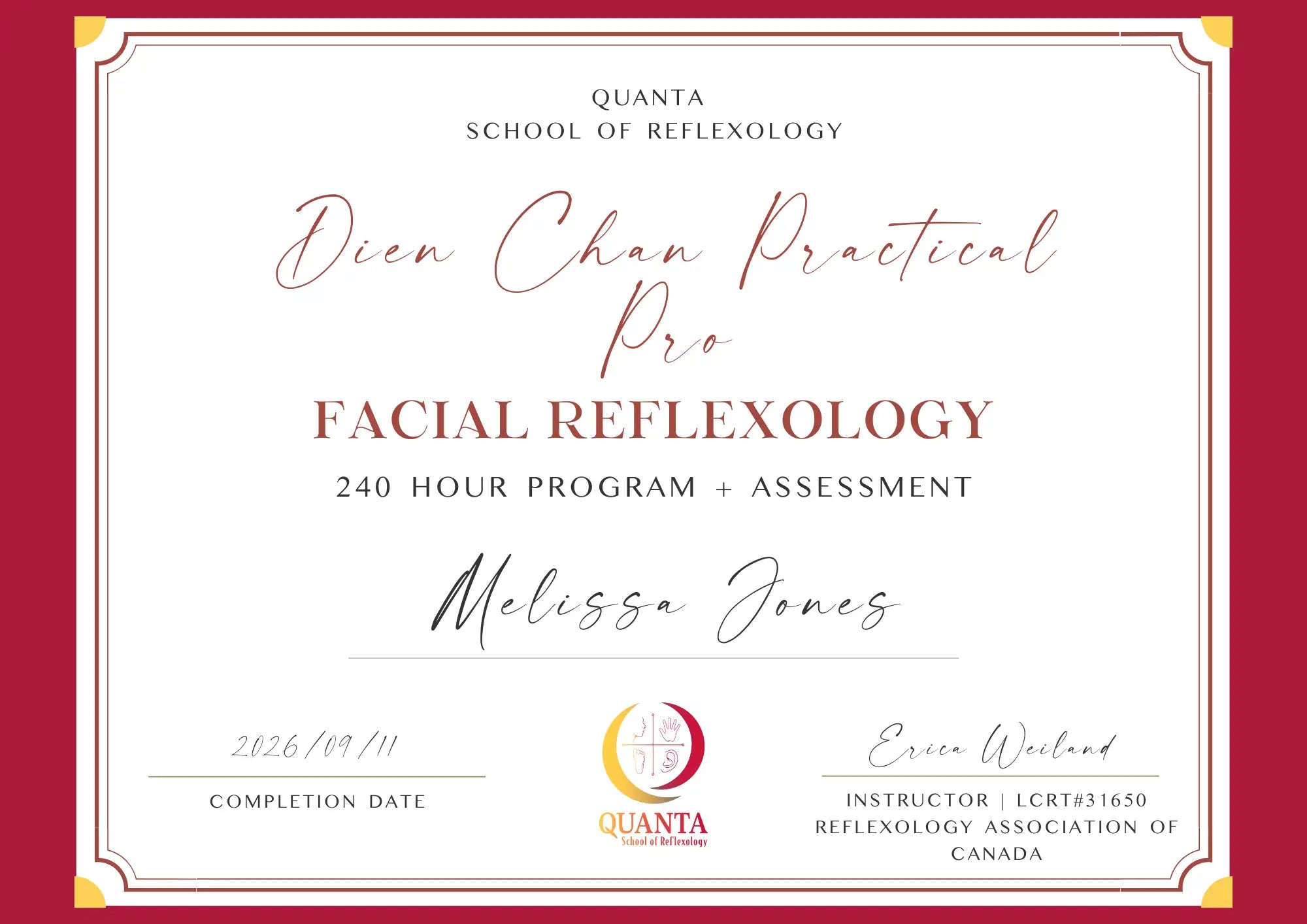 A formal certificate with elegant cursive and serif typography, featuring a maroon border and gold corner accents on white paper.