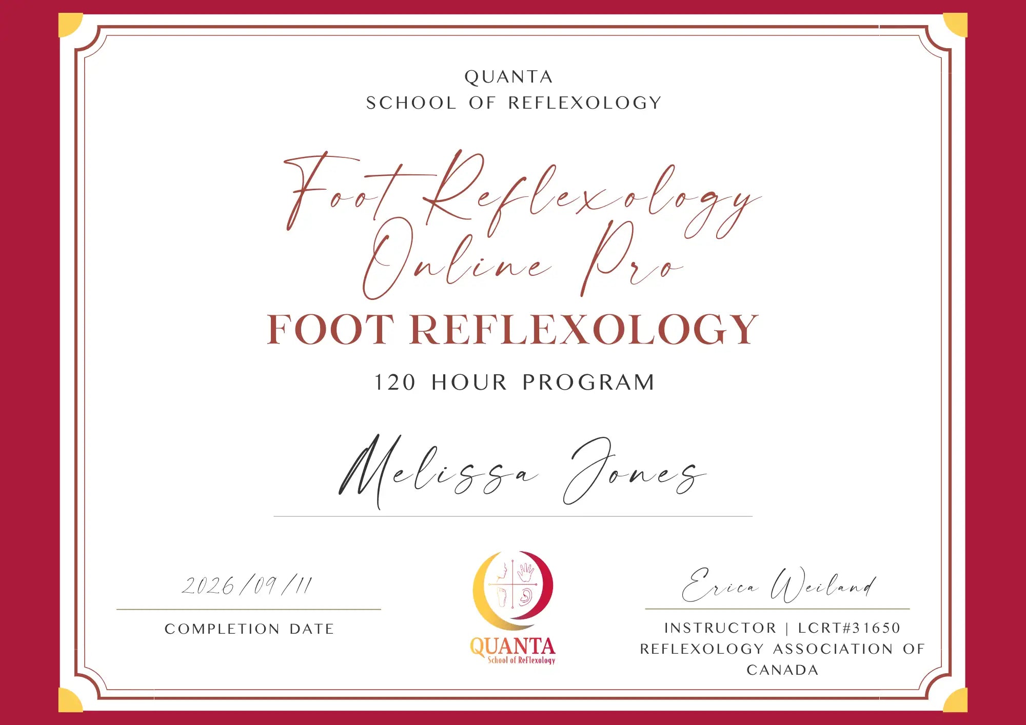 A formal certificate with elegant cursive and serif typography on a white background, framed by a decorative border against a deep red backdrop.