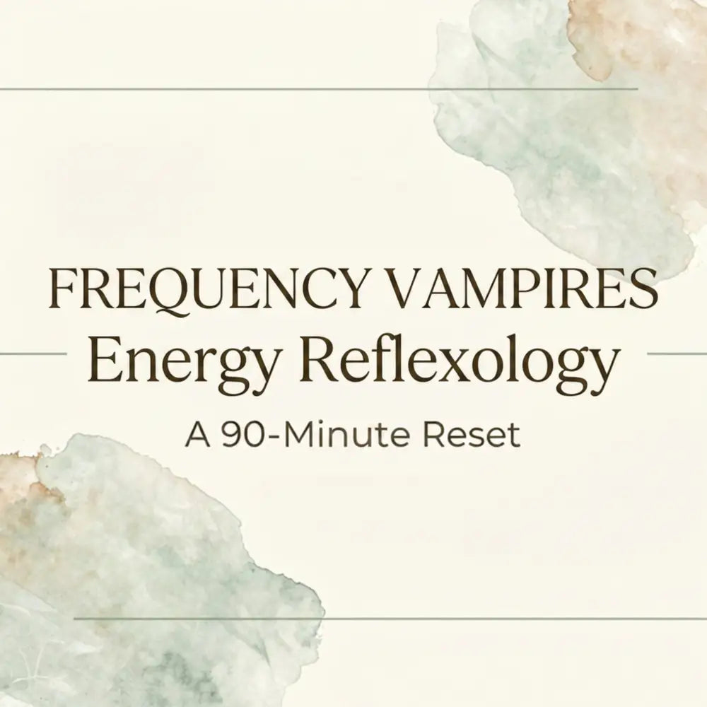 A minimalist cream promotional graphic for frequency vampires energy reflexology featuring dark brown serif text and floral accents