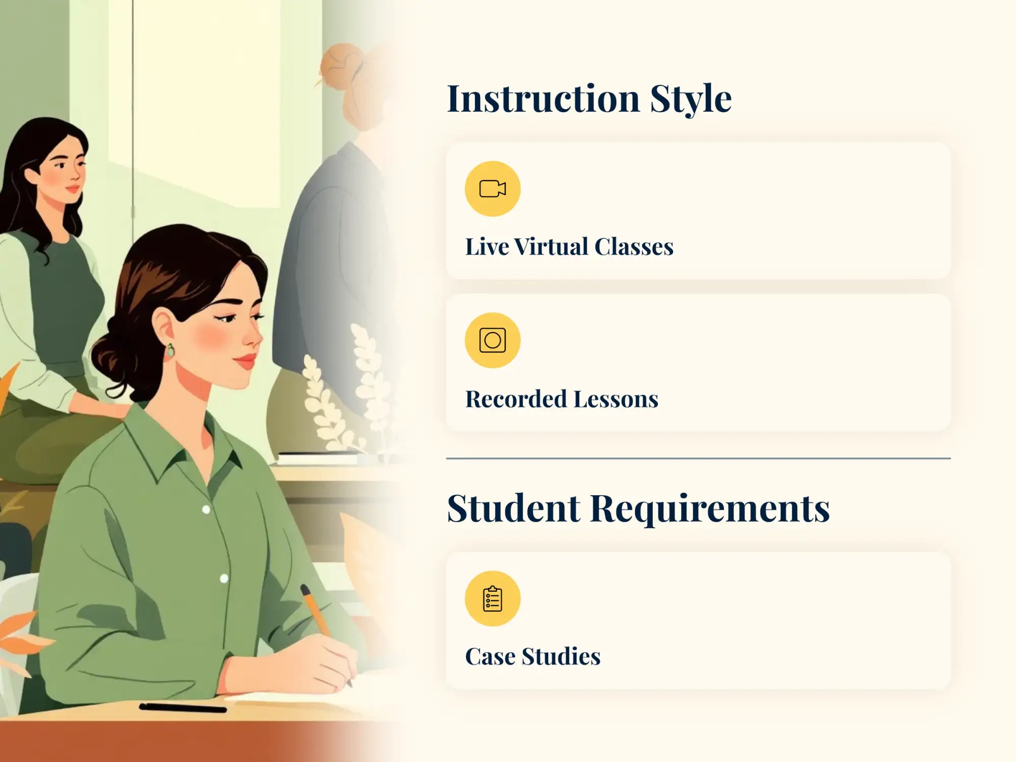 The illustration depicts a woman in a green button-up shirt sitting at a desk, holding a pencil and writing.