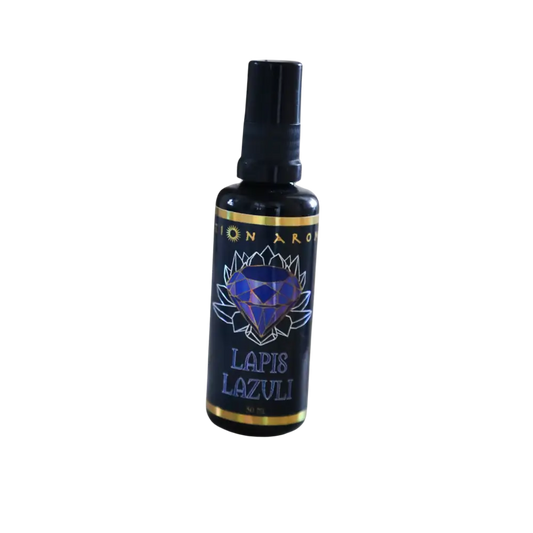 Lapis lazuli mist spray bottle with dark blue label and purple gemstone accents