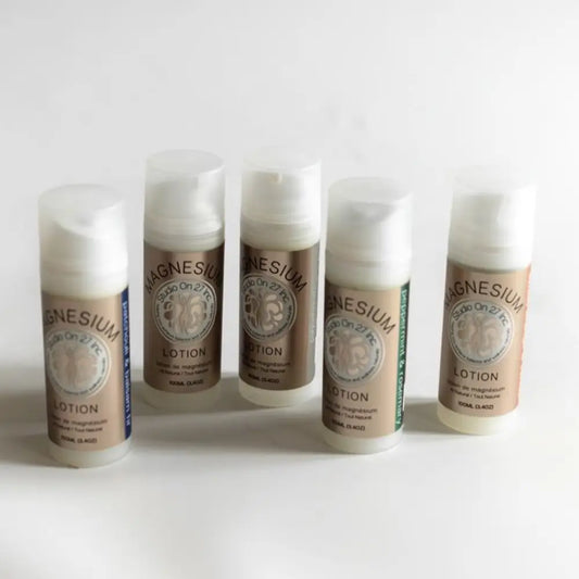 5-pack of Lanes magnesium lotion in colorful designs
