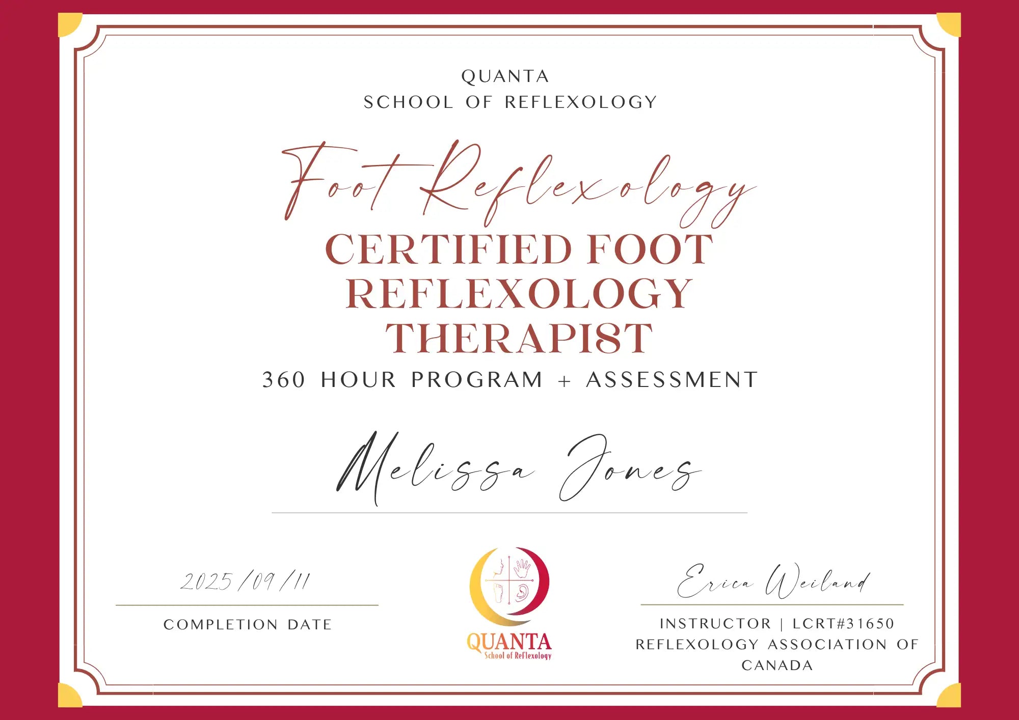 A maroon-framed certificate with elegant cursive and serif typography certifying melissa jones as a certified foot reflexology therapist from the quanta school of reflexology.