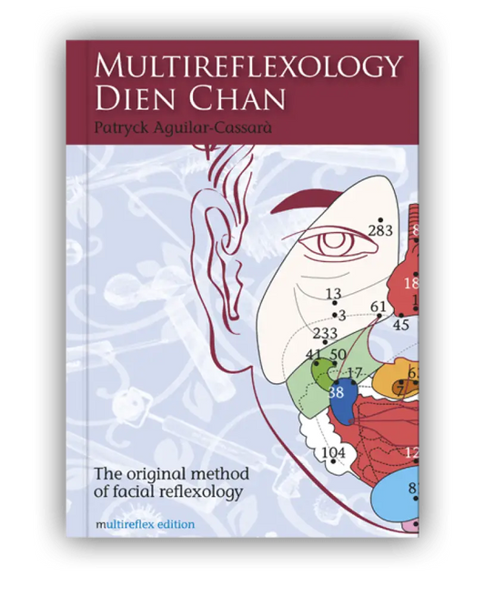 Multireflexology Dien Chan book cover by Patryck Aguilar Cassarà with facial reflexology chart in red, green, blue on white background