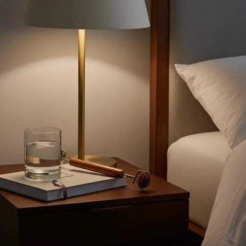 Gold-finished table lamp with white conical shade for nº206 Yin + yang facial roller