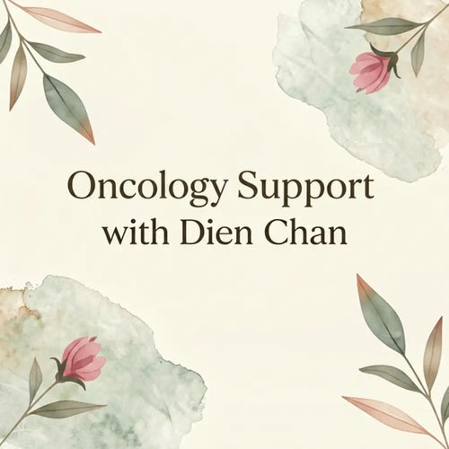 A soft watercolor illustration of delicate pink flowers and green leaves on a pale cream background for oncology support with dien chan