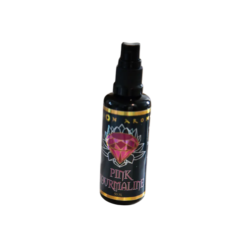 Pink Tourmaline Mist black spray bottle with pink gem design