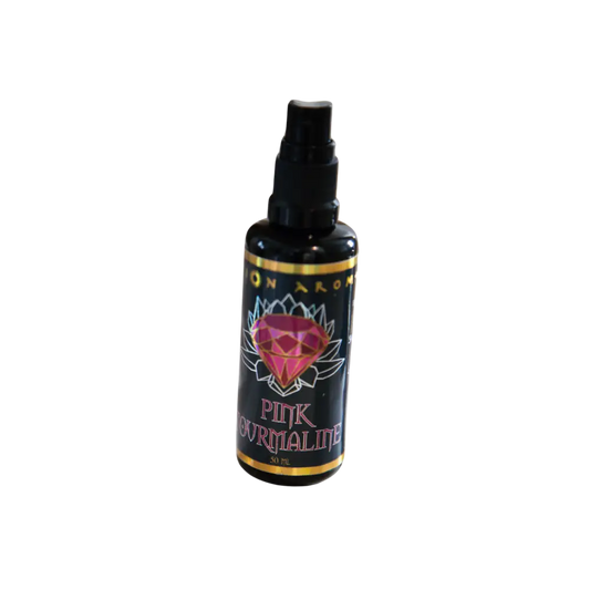 Pink Tourmaline Mist black spray bottle with pink gem design