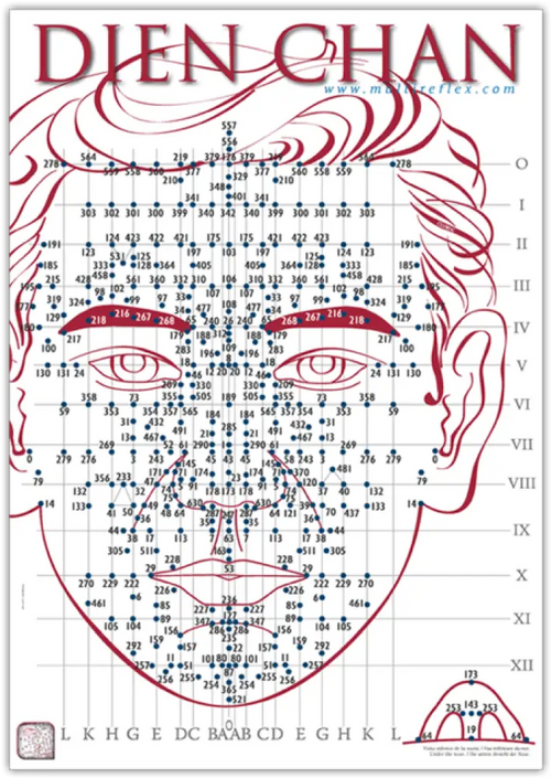 Red and white Dien Chan facial acupuncture chart poster set of 3
