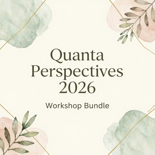 Cream-colored watercolor floral design with green and pink leaves framing quanta perspectives 2026 workshop bundle text