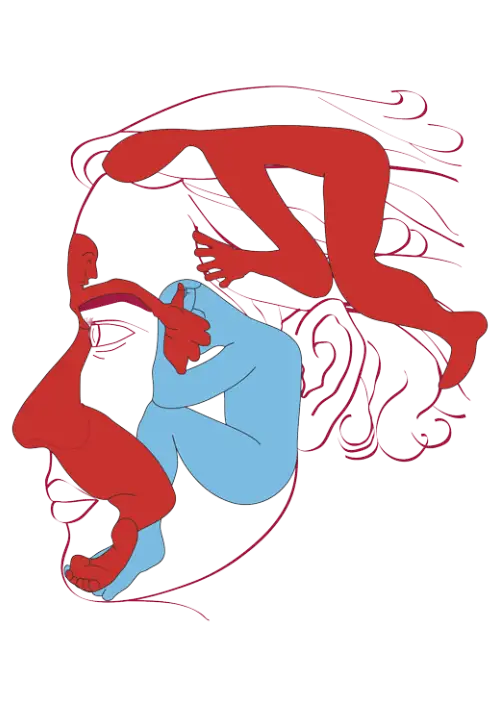 Red and blue mermaid plush toy with flowing tail design.