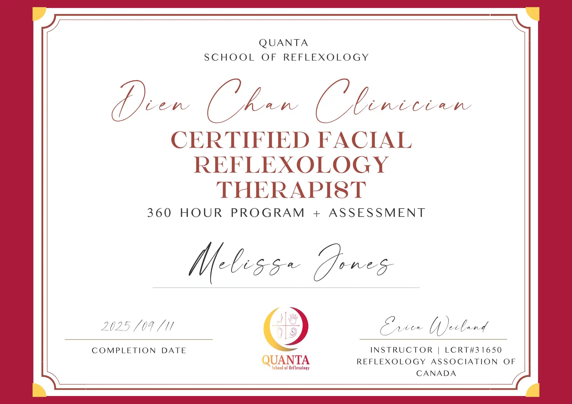 Red and white certificate with gold accents