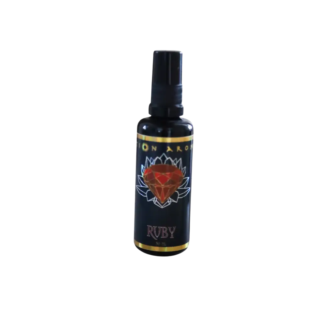 Ruby Mist spray bottle with black cap, red gemstone label
