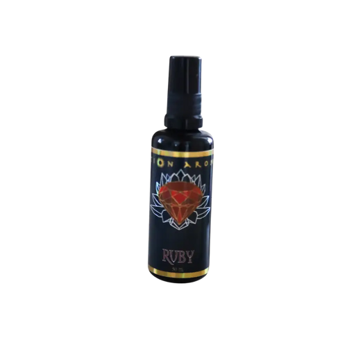 Ruby Mist spray bottle with black cap, red gemstone label