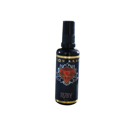 Ruby Mist spray bottle with black cap, red gemstone label