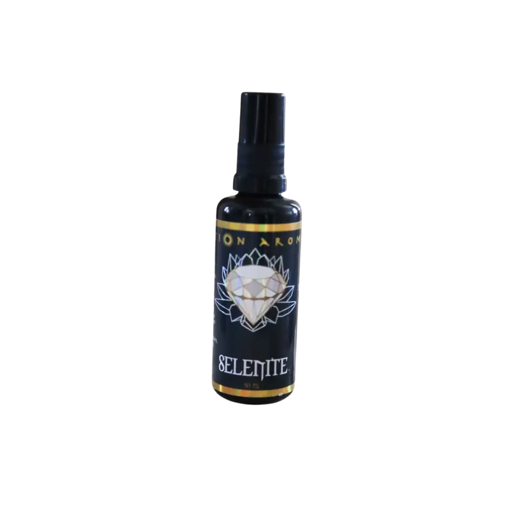 Selenite mist spray bottle with black label and white diamond design