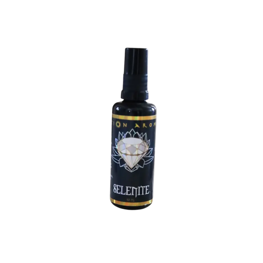 Selenite mist spray bottle with black label and white diamond design