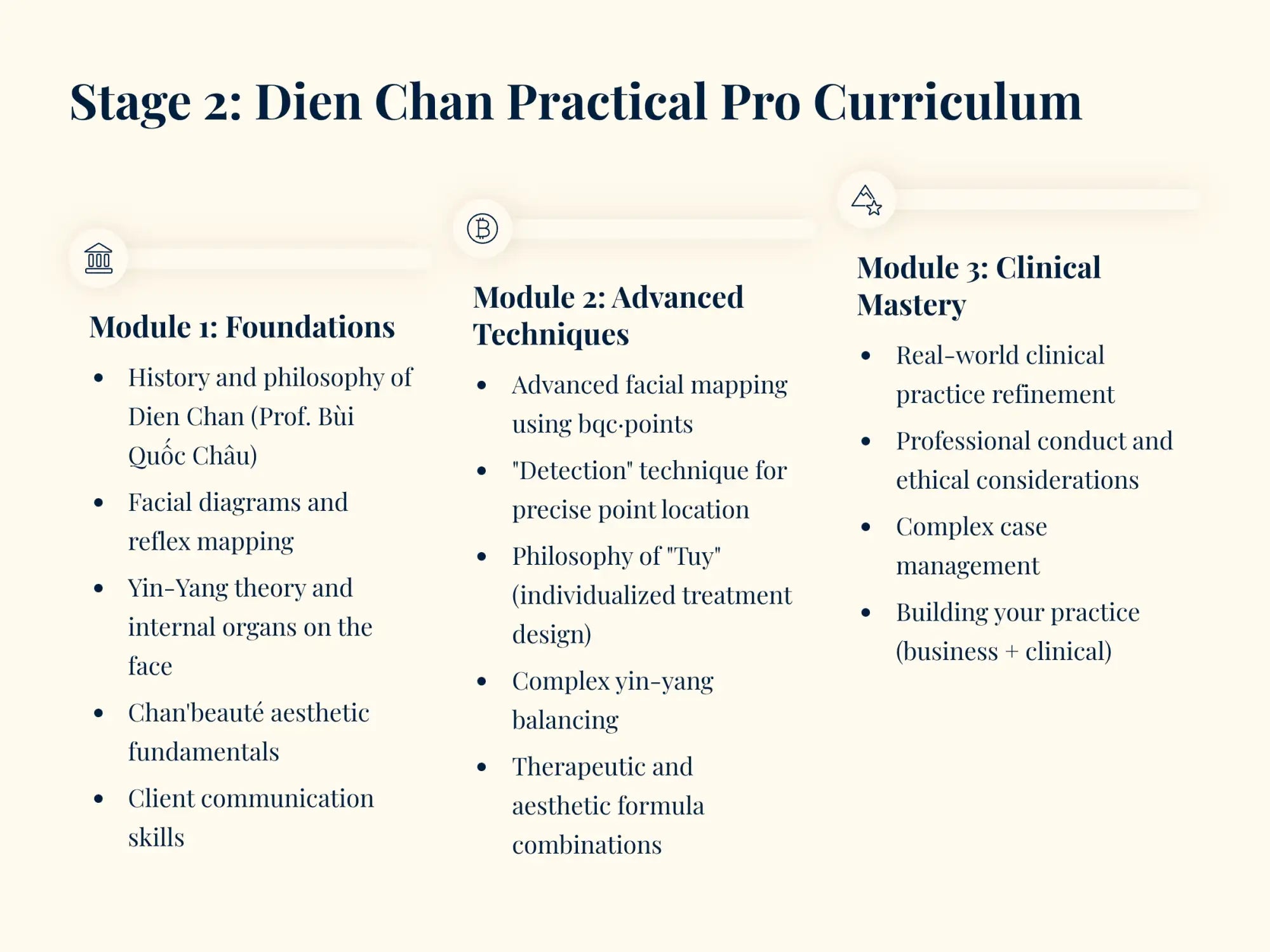 Stage 2: dien chan practical pro curriculum document featuring three modules—foundations, advanced techniques, and clinical mastery—with detailed bullet points outlining topics like facial mapping, tuy philosophy, and real-world clinical practice refinement.