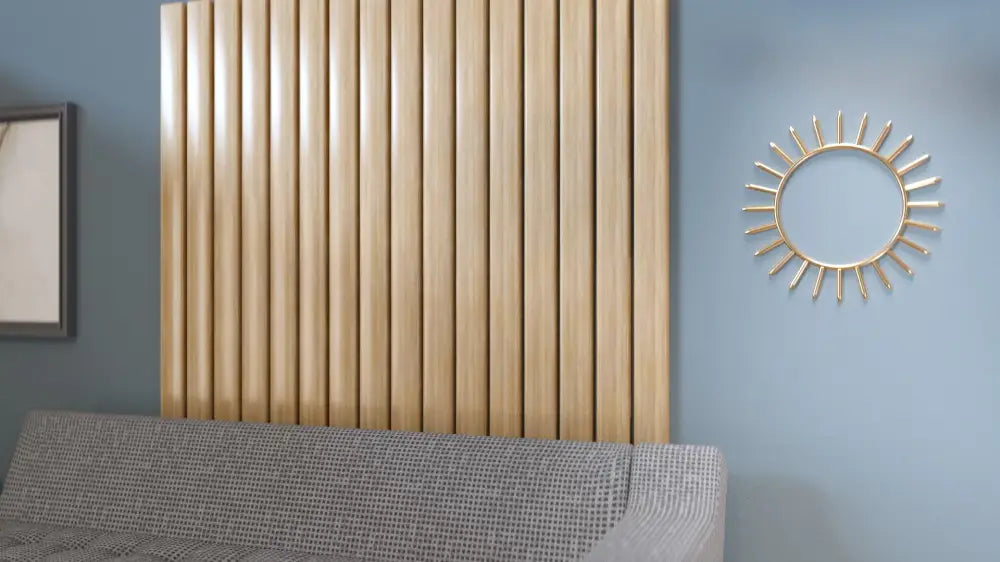 Light wood vertical slat headboard with Sun ring sunburst mirror