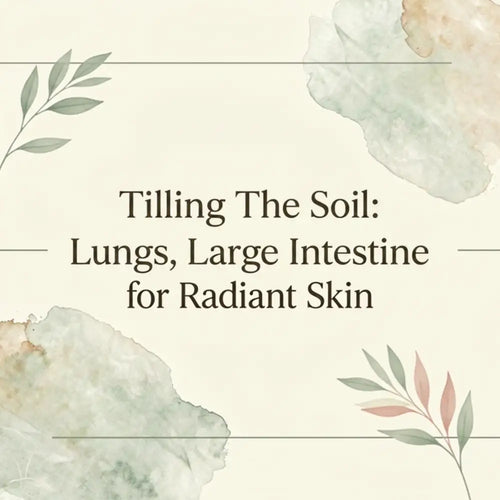 Soft watercolor design in muted green and beige tones for tilling the soil lungs large intestine radiant skin product